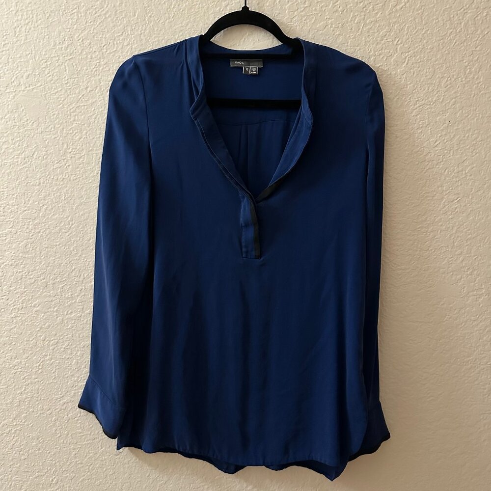 Vince Long Sleeve Silk Tunic Cobalt Blue Flowy V-neck Top with Black Piping